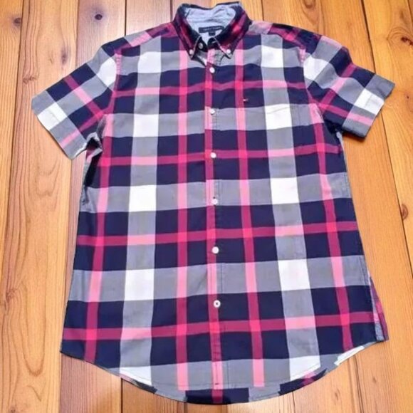 Tommy Hilfiger Chemise Décontractée Manches Courtes Homme Large À Carreaux - Picture 1 of 7